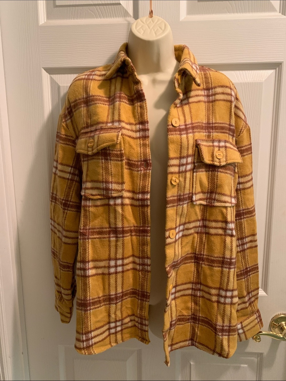 Cider Women's Plaid Utility Jacket in Mustard Yellow with Brown & White